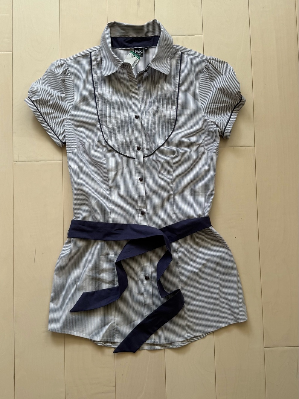 twik Indigo Pinstripe Blouse with Waist Sash